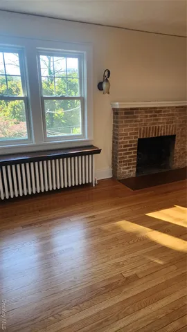 a view of empty room with wooden floor and fireplace