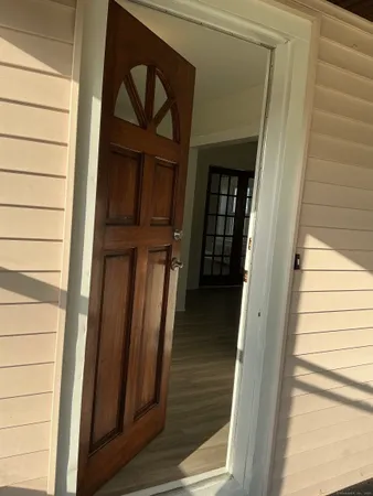 a view of a porch of a house