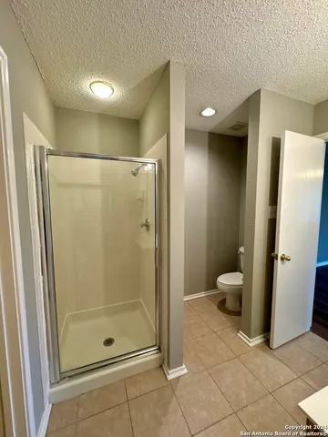 a bathroom with a shower and a toilet