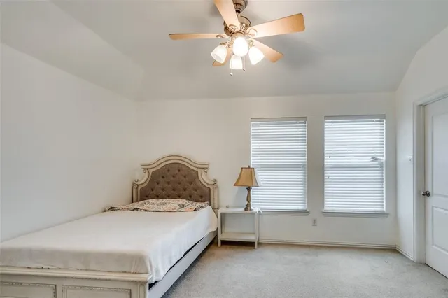 a bedroom with a bed and a ceiling fan