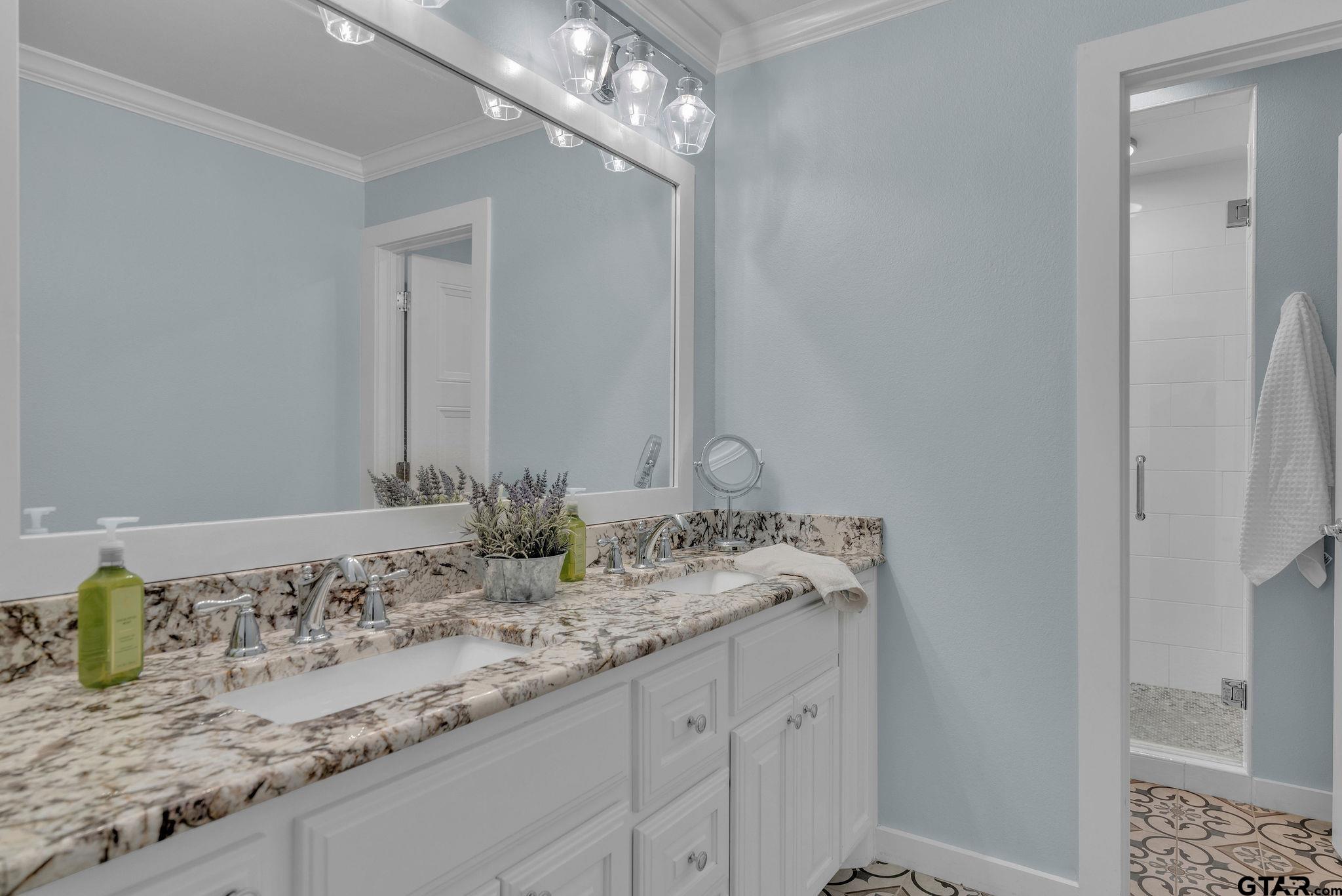 1208 Briarwood Lane Longview, TX 75604 - Photo 22 of 43 a bathroom with a granite countertop sink and a mirror