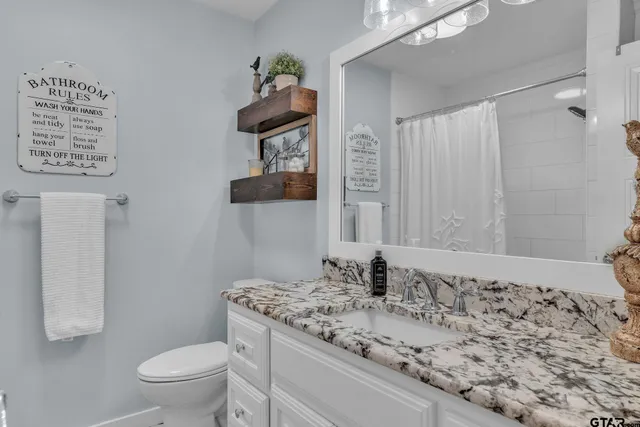 a bathroom with a granite countertop sink a toilet and a shower