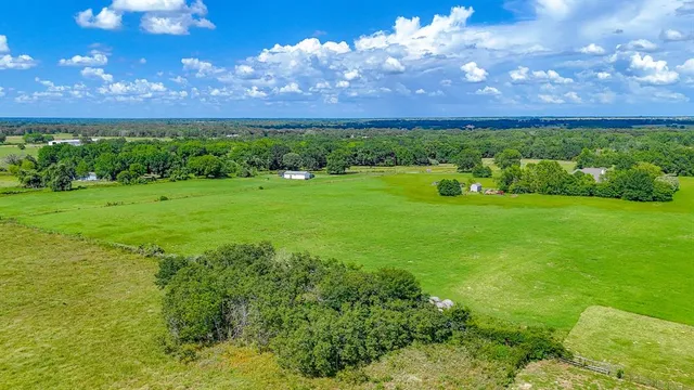 a view of a yard with a house in the background