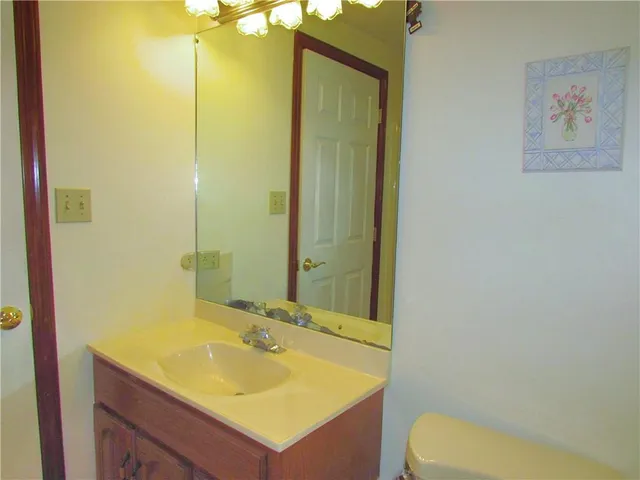 a bathroom with a sink a toilet and mirror