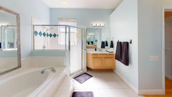 a bathroom with a tub sink and mirror