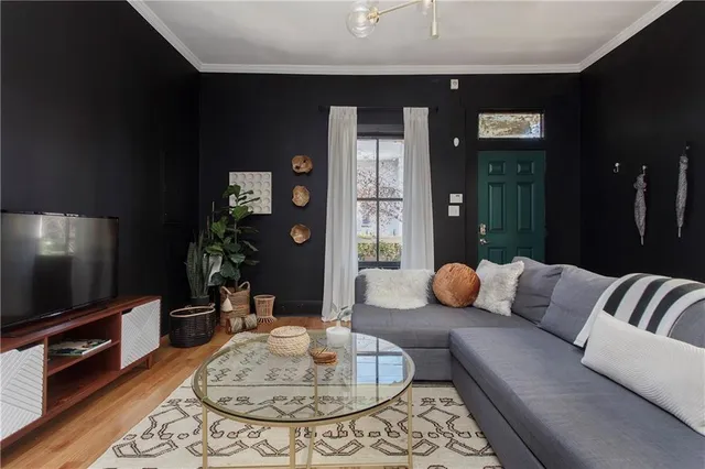a living room with furniture and a potted plant