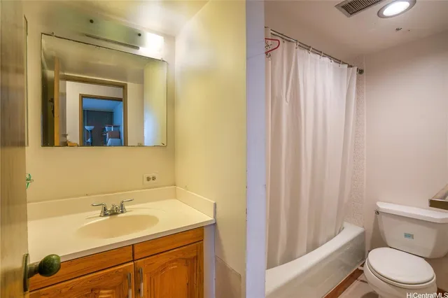 a bathroom with a sink a toilet and shower curtain