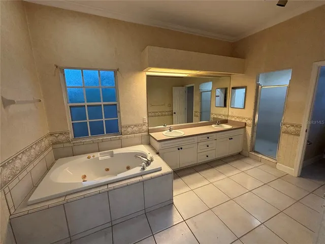 a bathroom with a tub sink and mirror
