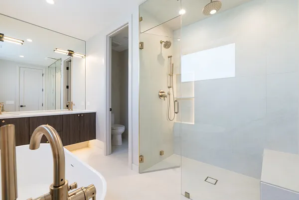 a bathroom with a bathtub and a shower