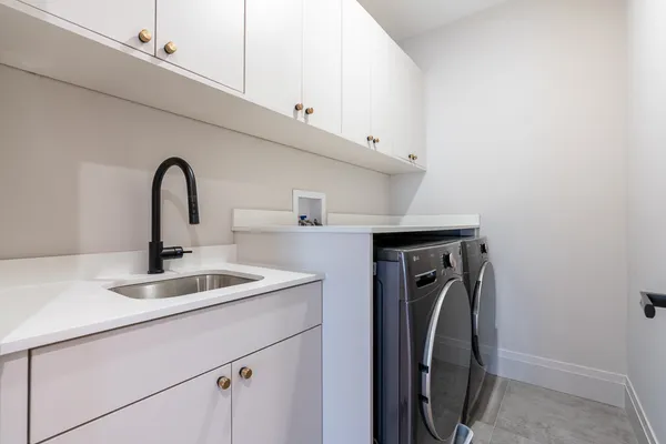 a close view of a sink and washing machine