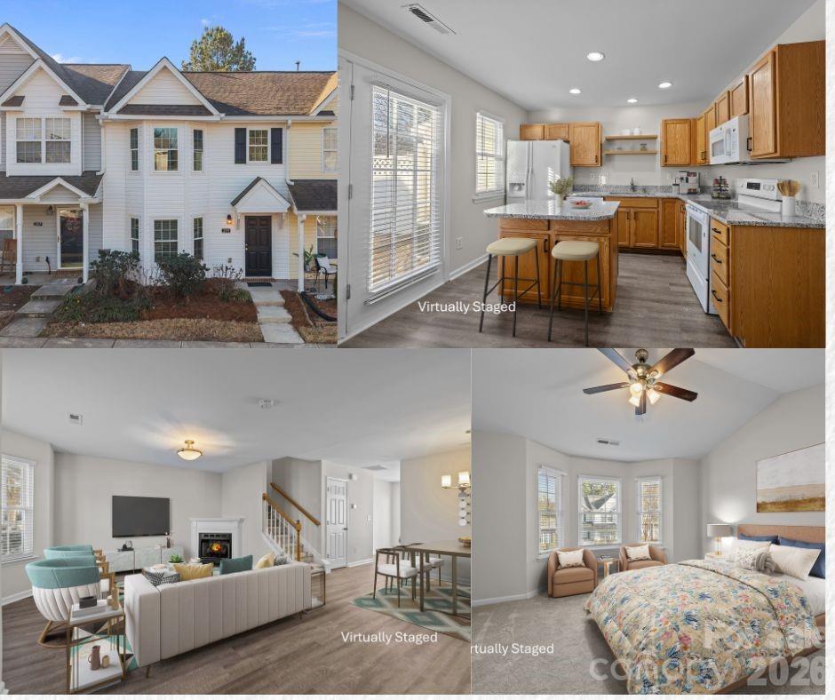 a living room with furniture and kitchen view