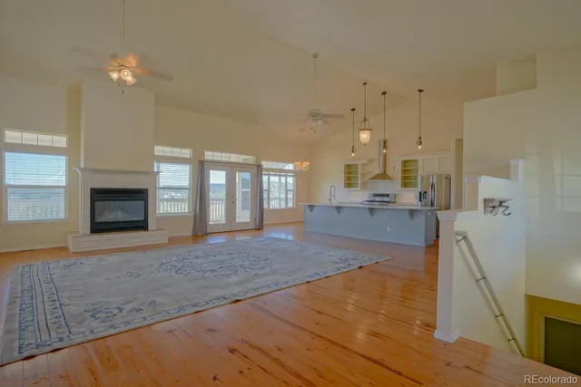 a view of kitchen and hall with wooden floor and a fireplace