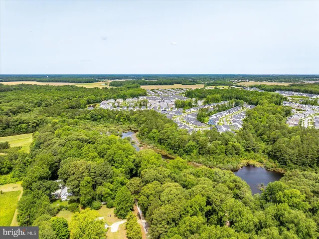 an aerial view of residential houses with outdoor space and trees
