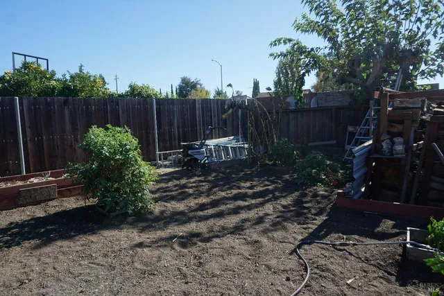 a garden view with a seating space
