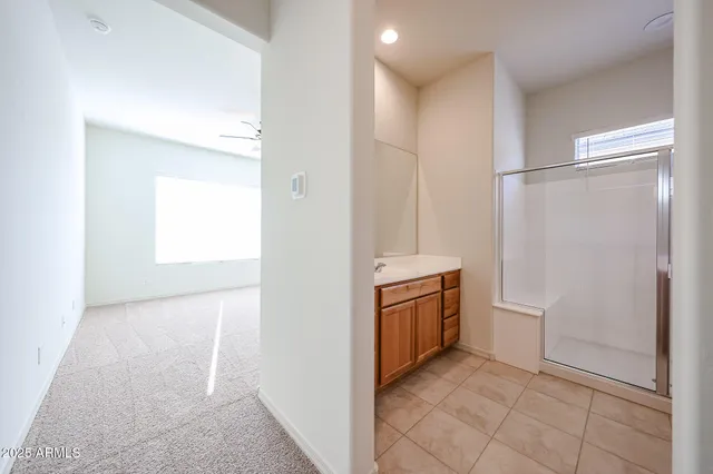 a bathroom with a sink a mirror and a shower