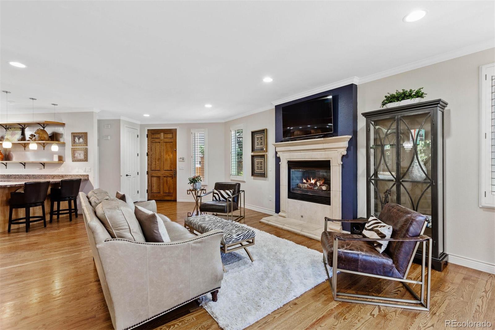 167 Monroe Street Denver, CO 80206 - Photo 5 of 39 a living room with furniture flat screen tv and a fireplace