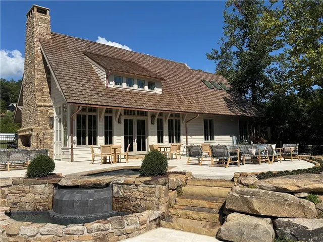 a view of a lake with a patio