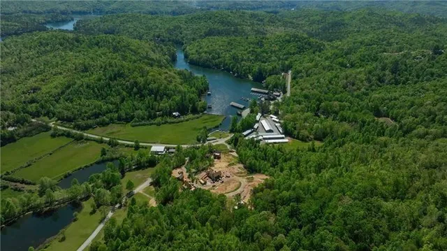 an aerial view of residential house with outdoor space and trees all around
