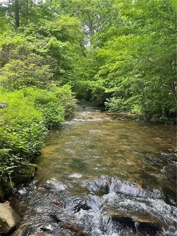 a view of a lake in between two of trees