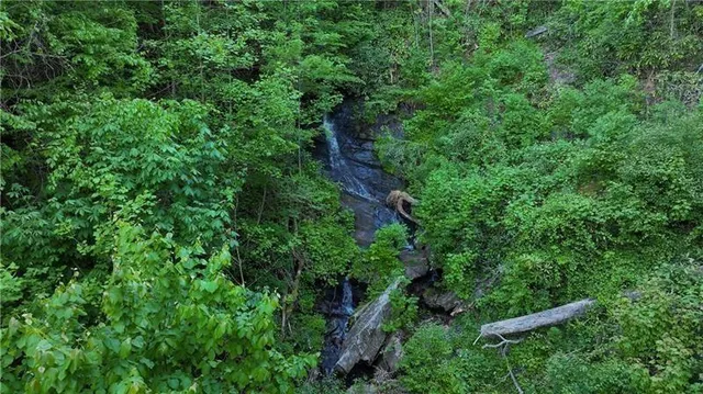 an aerial view of residential houses with outdoor space and river