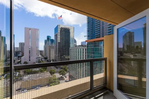 a view of a balcony with a door
