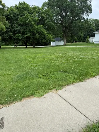 a view of a grassy field with trees in the background