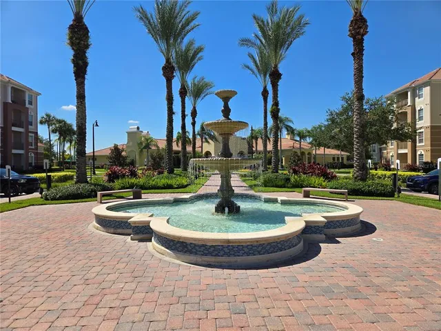 a view of a fountain in the park