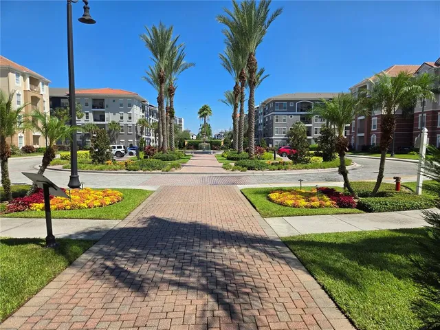 a view of a park with large trees