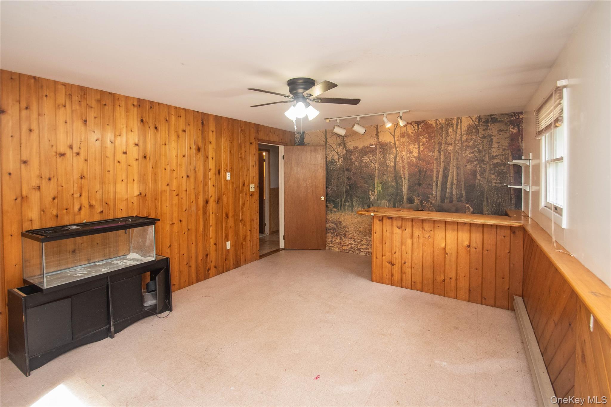 20 Valley Road Forestburgh, NY 12777 - Photo 24 of 38 Unfurnished living room with wooden walls, ceiling fan, and carpet