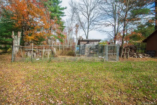 a view of a yard with large trees