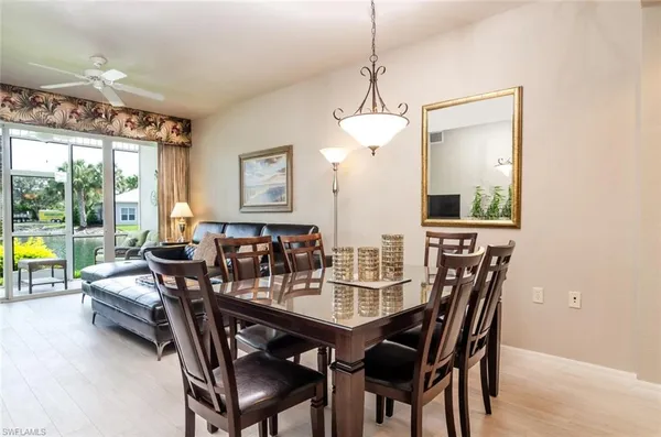 a view of a dining room with furniture window and outside view