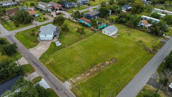 an aerial view of a pool