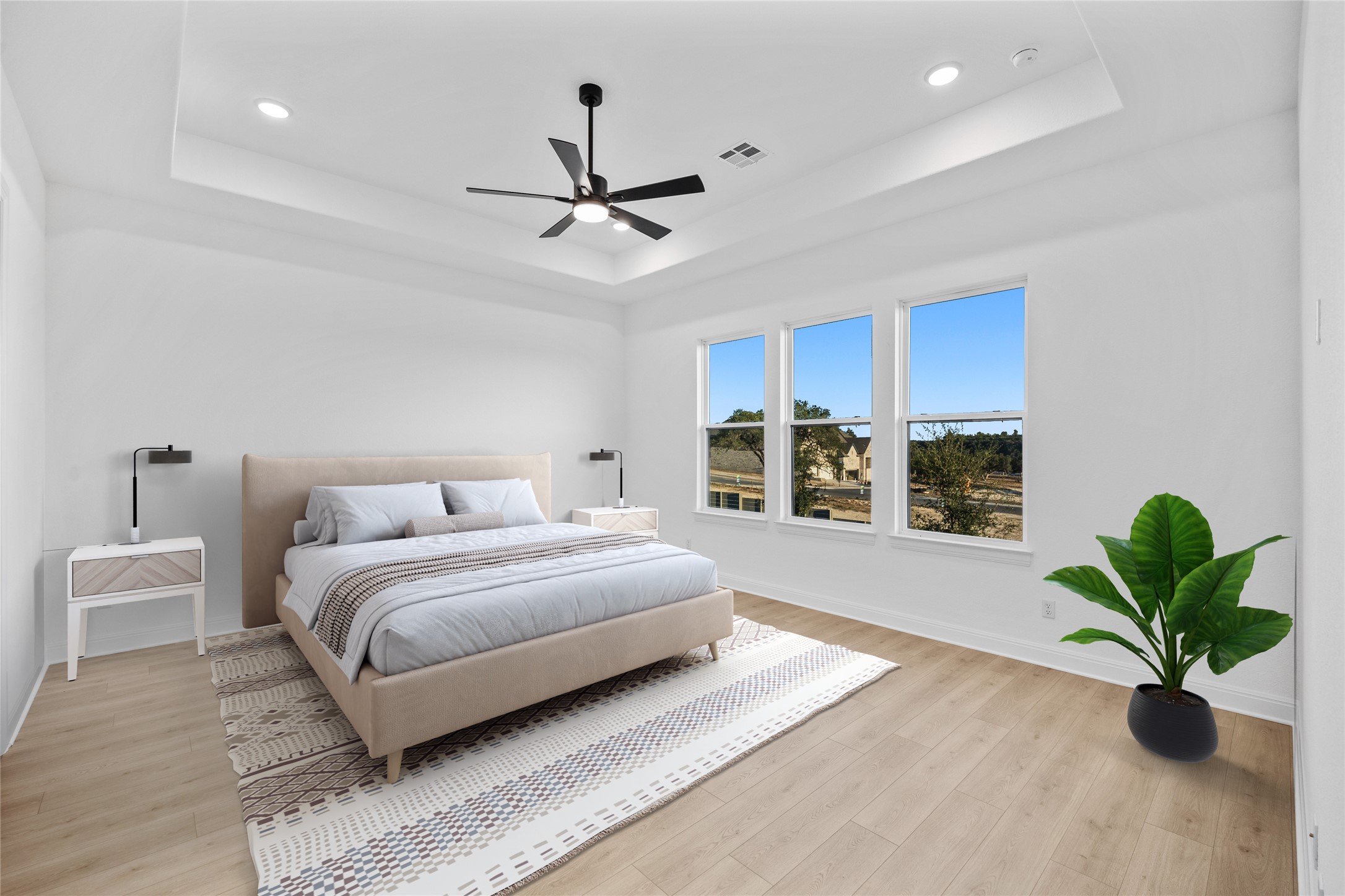 3213 Lookout Mountain Road Georgetown, TX 78628 - Photo 2 of 40 *Virtually Staged Primary Bedroom featuring light wood-style flooring, a ceiling fan, and recessed lighting