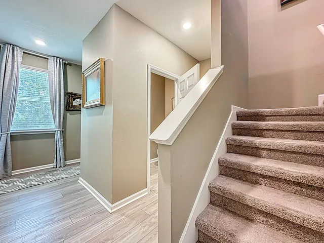 a garden view with a seating space