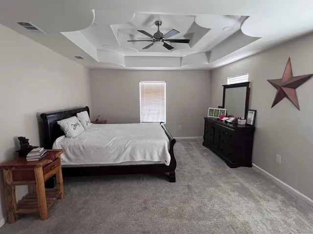 a bedroom with a bed and a ceiling fan