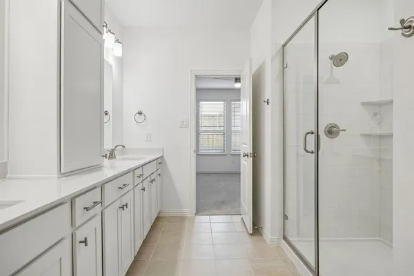 a bathroom with a granite countertop sink mirror and a shower