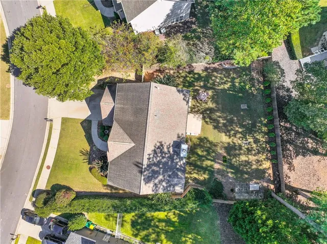 an aerial view of a house with a yard and potted plants