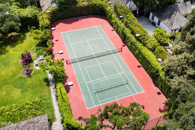 a garden view with a sitting space