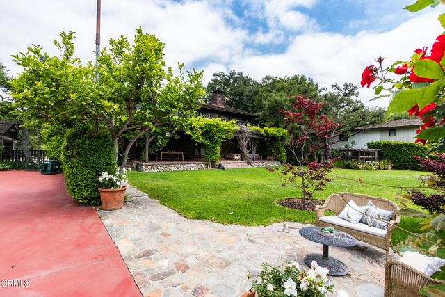 a view of a patio with table and chairs potted plants with large tree