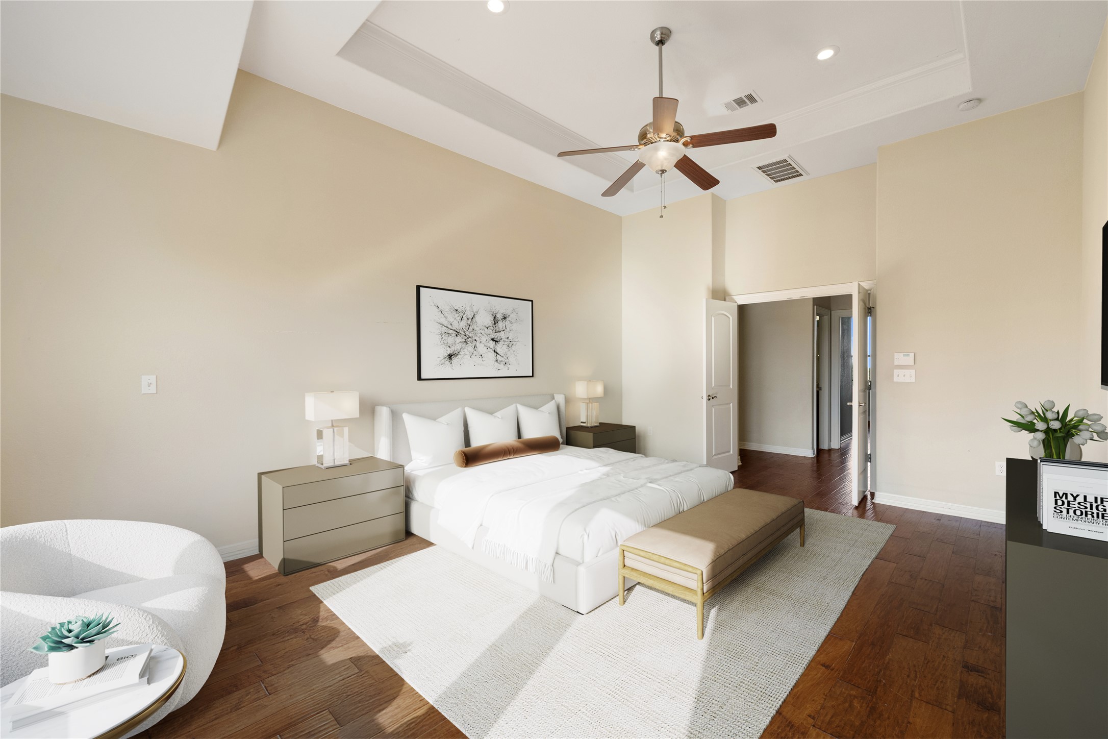 118 Landons Way Blanco, TX 78606 - Photo 30 of 32 a spacious bedroom with a bed and ceiling fan