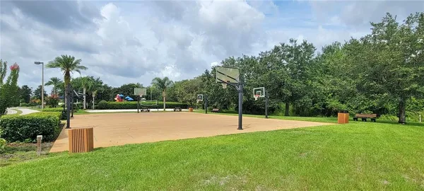 a view of a park with slide