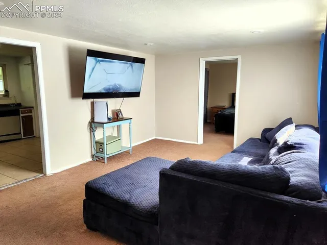 a living room with furniture and a lamp
