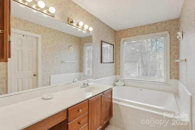 a bathroom with a tub a sink and mirror