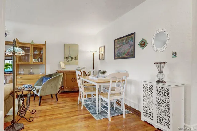 a view of a dining room with furniture