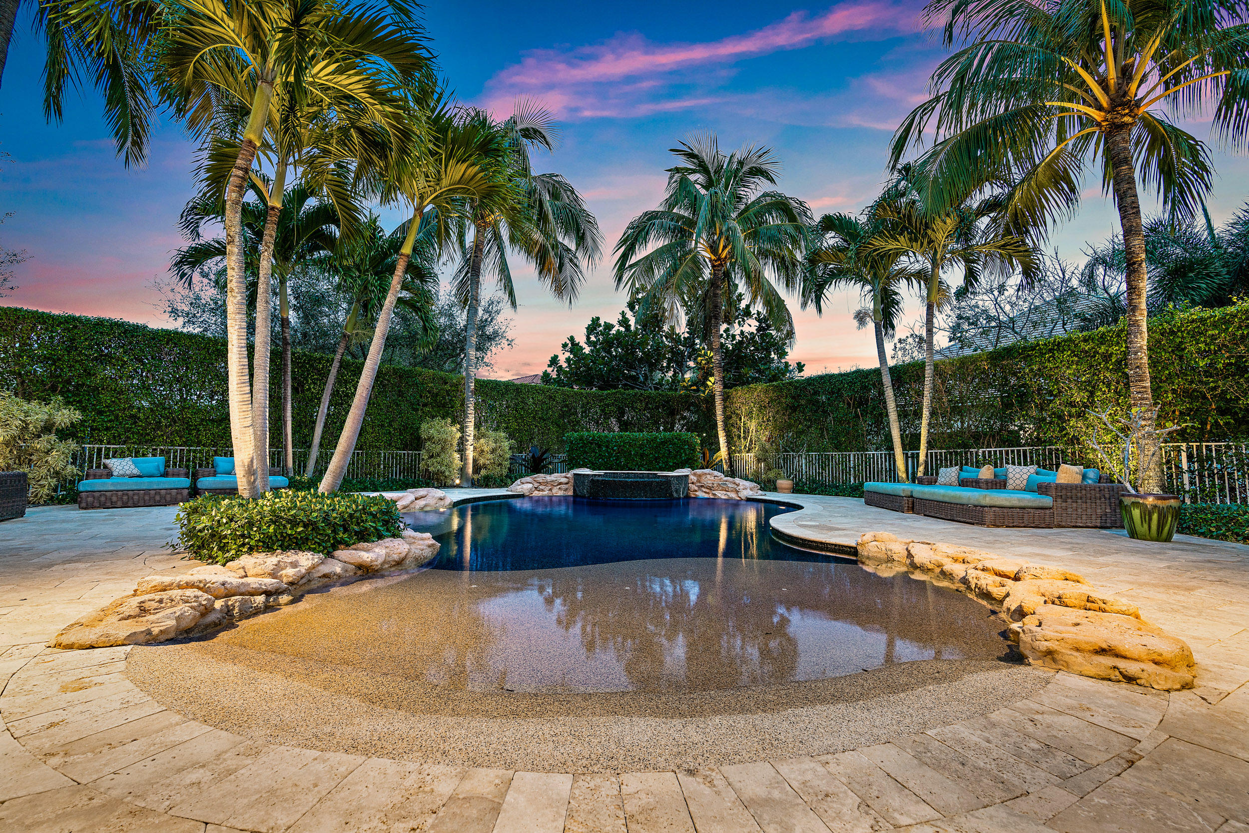 a view of a backyard patio with palm trees