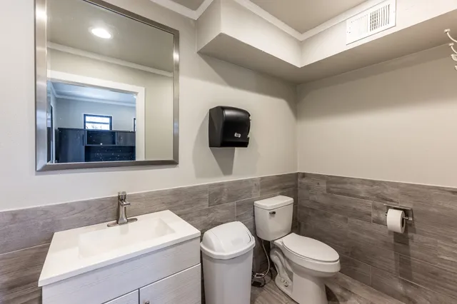 a bathroom with a toilet sink and mirror