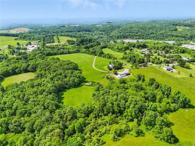 an aerial view of residential houses with outdoor space and trees all around