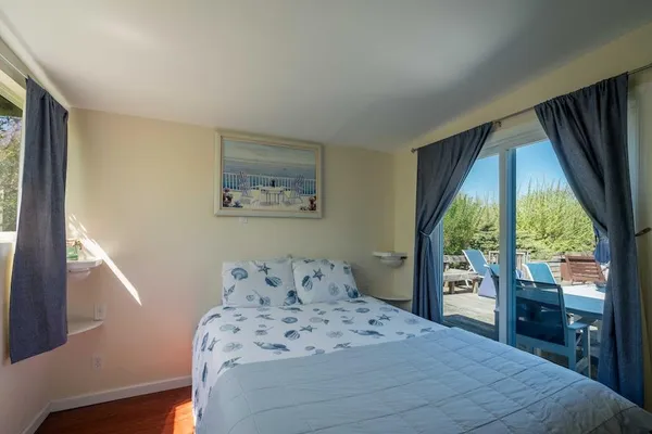 a bedroom with a bed and a large window