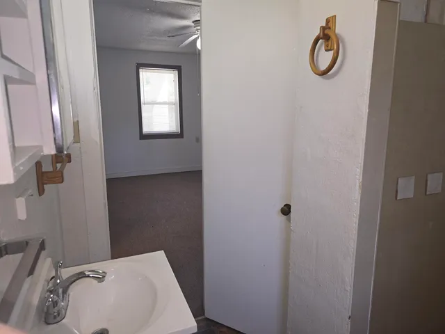 a bathroom with a sink vanity and toilet