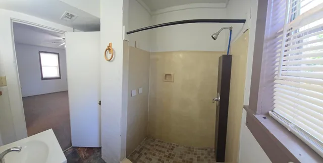 a bathroom with a shower and a sink